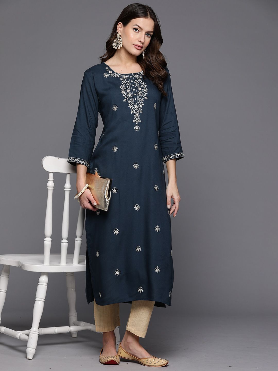 Anouk Teal Blue Ethnic Motifs Embroidered Straight Kurta-image-23