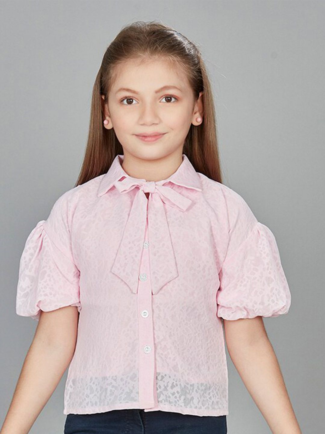 Peppermint Girls Abstract Printed Tie-Up Neck Puff Sleeve Shirt Style Top-picture-33