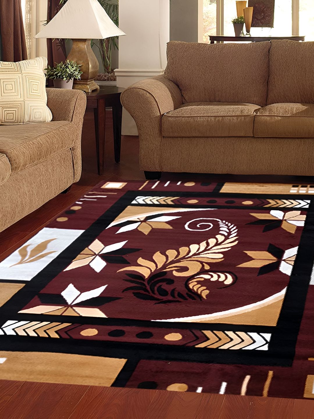 SANA CARPET Brown & Cream Floral Anti-Skid Polyester Carpet-picture-46