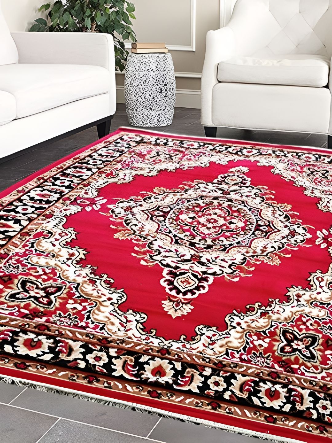 SANA CARPET Red & White Floral Anti-Skid Polyester Carpet-picture-49