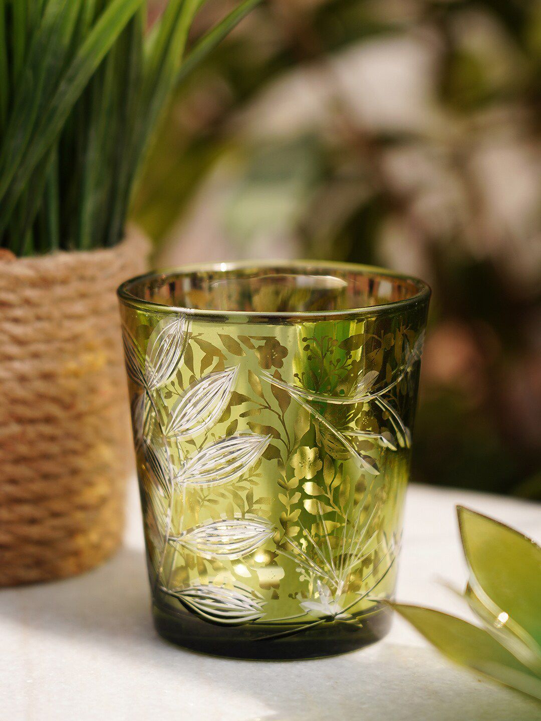 Pure Home and Living Green & White 2 Pieces Floral Printed Candle Holders-picture-42