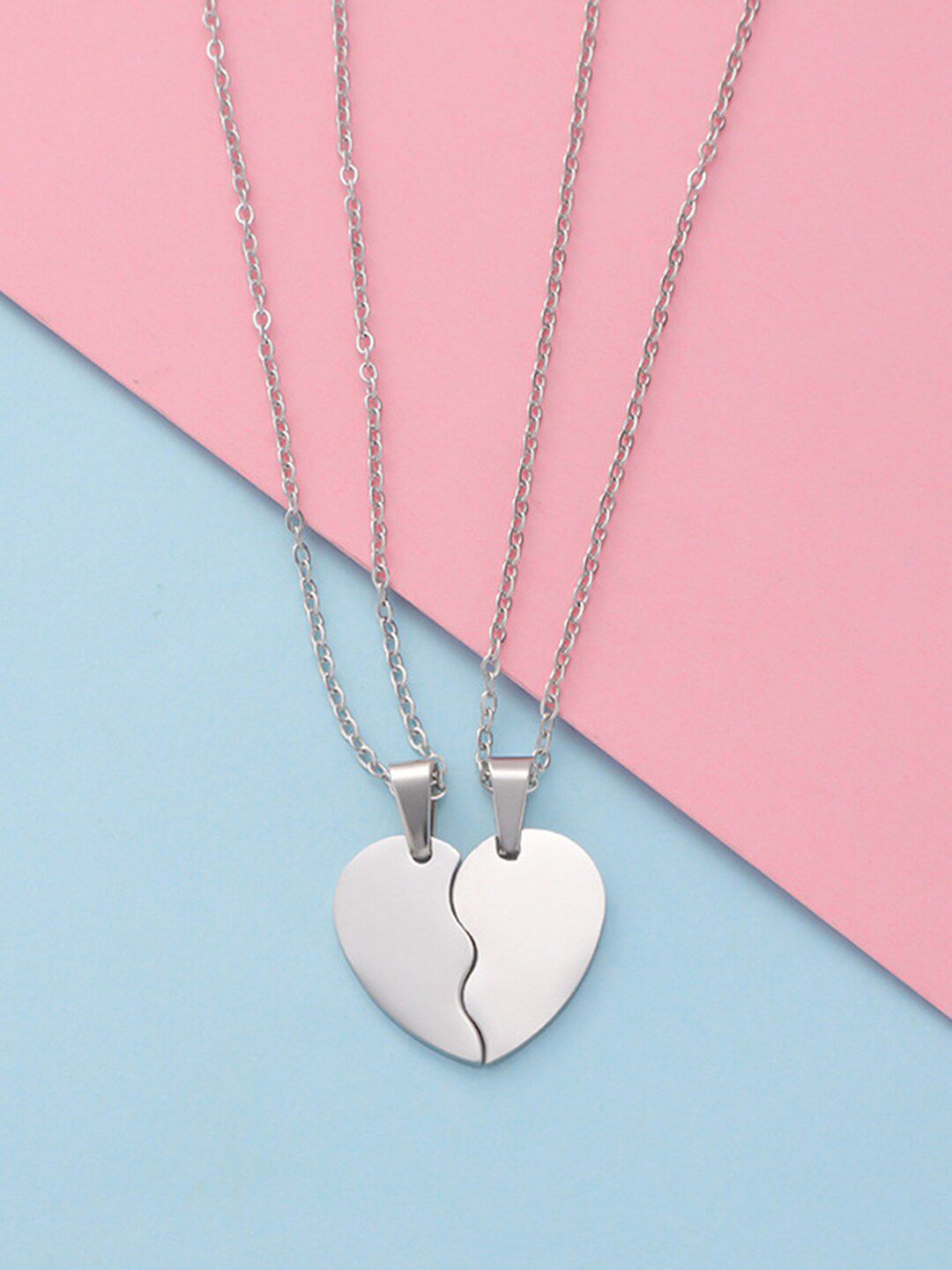Peora Unisex Silver Plated Heart Shape Couple Pendant With Chain-picture-34