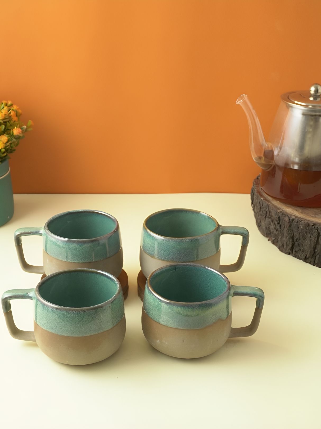 The Decor Mart Green & Brown 4 Pieces Printed Ceramic Glossy Mugs 200 ml Each-image-31