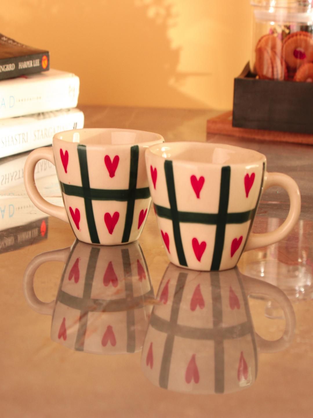 The Decor Mart Beige & Red 2 Pieces Printed Ceramic Glossy Cups 300ml Each-picture-33