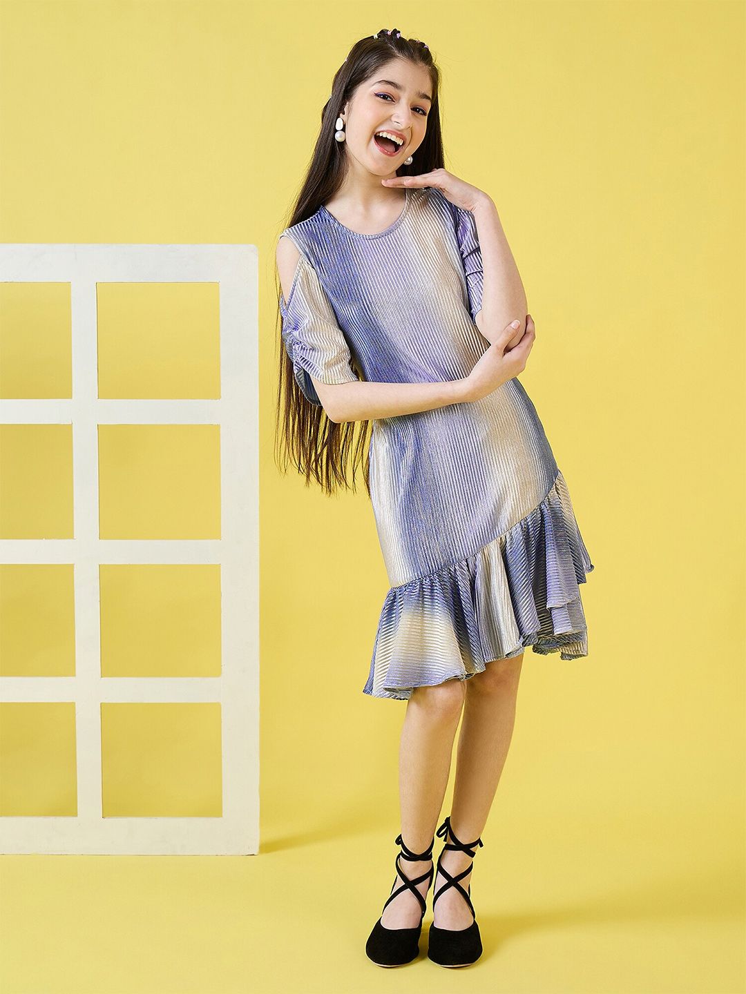 Stylo Bug Girls Striped Cold-Shoulder Sleeves Ruffled A-Line Dress-picture-49