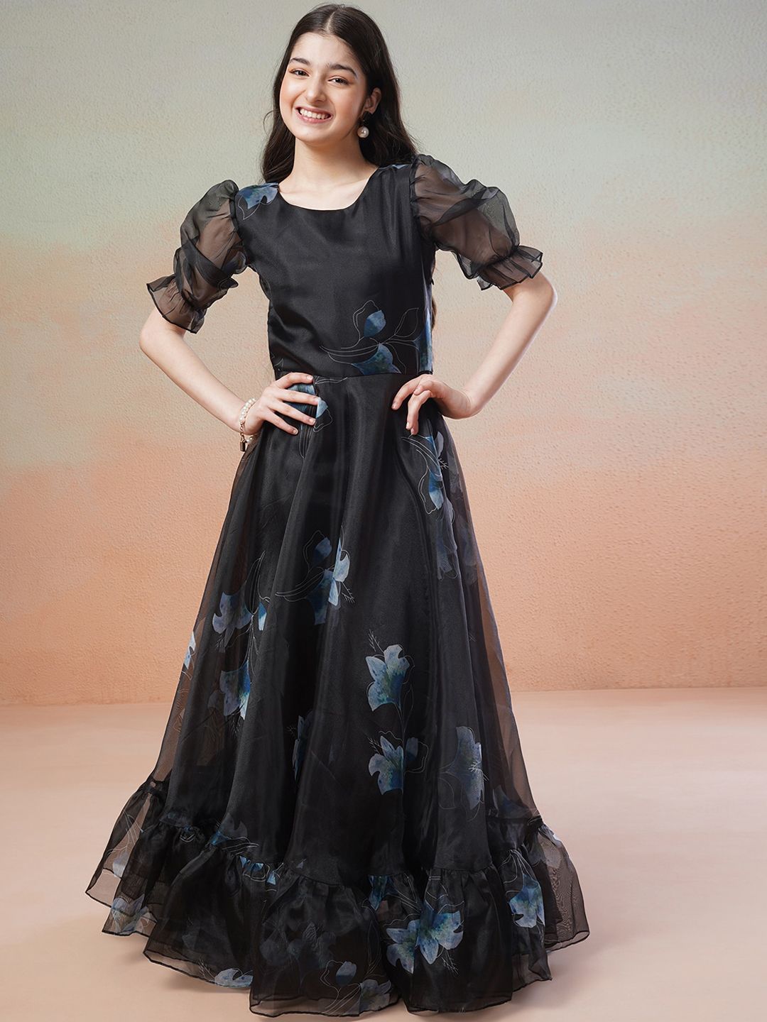 Inddus Girls Floral Printed Puff Sleeves Organza Maxi Ethnic Dress-picture-3