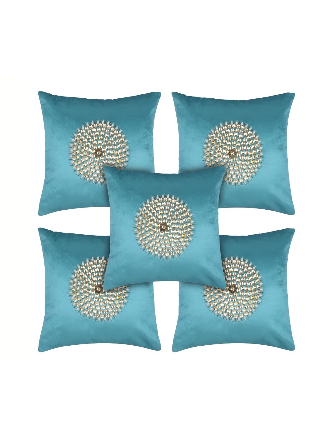 MONKDECOR Sea Green & Beige Set of 5 Geometric Velvet Square Cushion Covers-picture-24