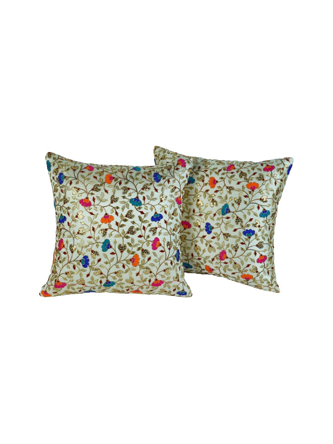 MONKDECOR Beige & Blue Set of 2 Floral Square Cushion Covers-picture-18