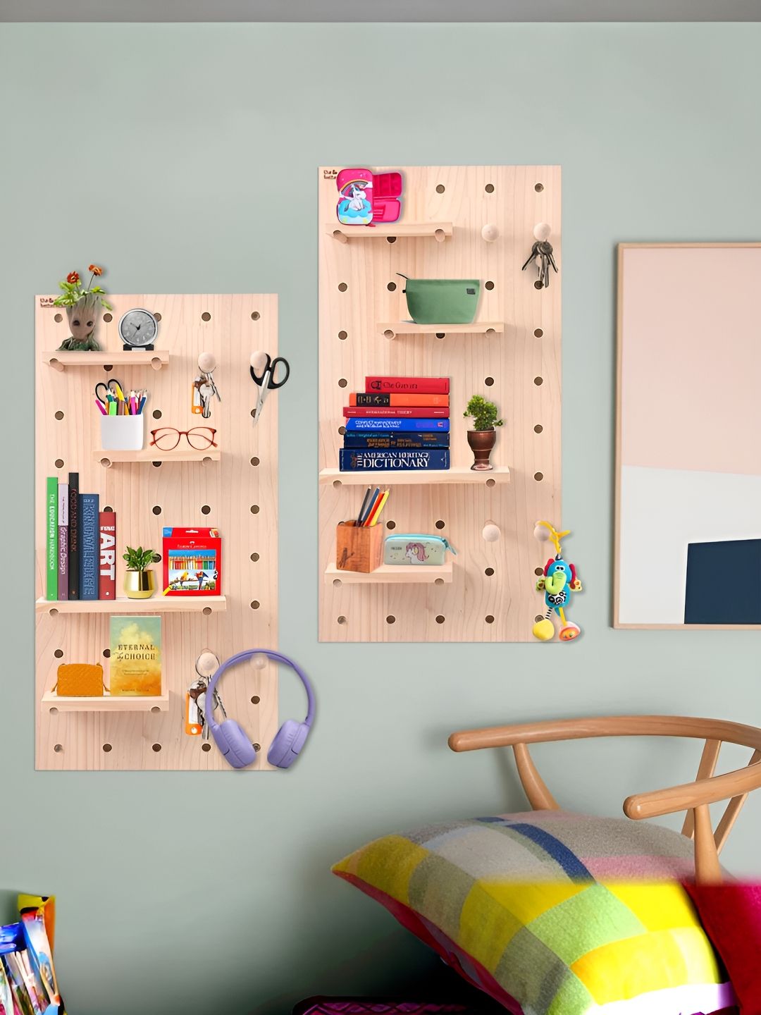 The Better Home 2 Pcs Pinewood Pegboard Key Holder Wall Shelves-image-2