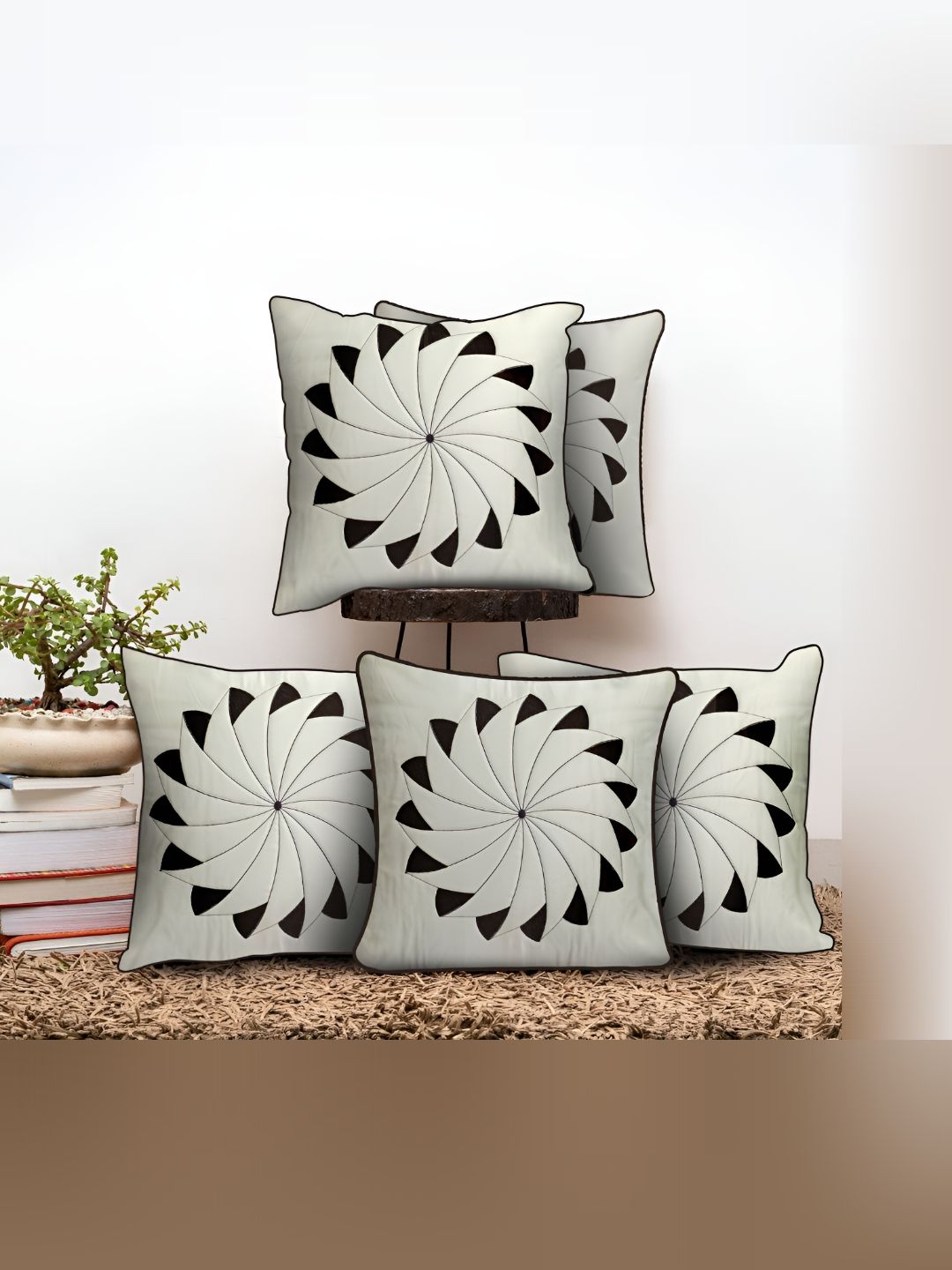 JDX Cream & Black 5 Pieces Ethnic Motifs Square Cushion Covers-picture-30