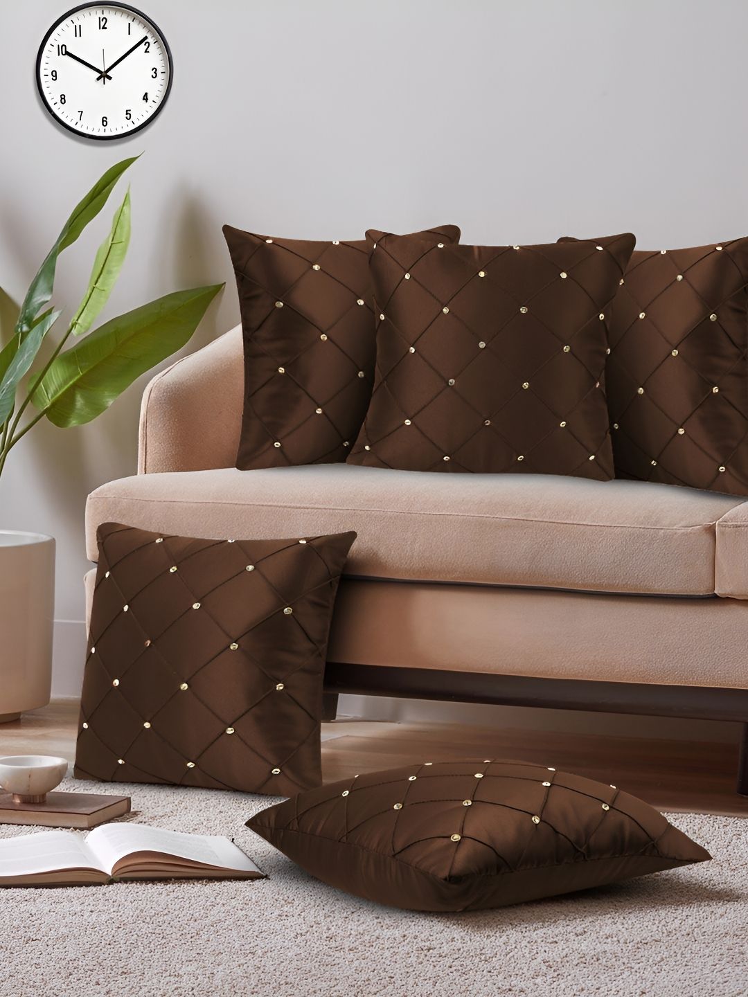 JDX Brown & White 5 Pieces Geometric Embellished Square Cushion Covers-picture-29
