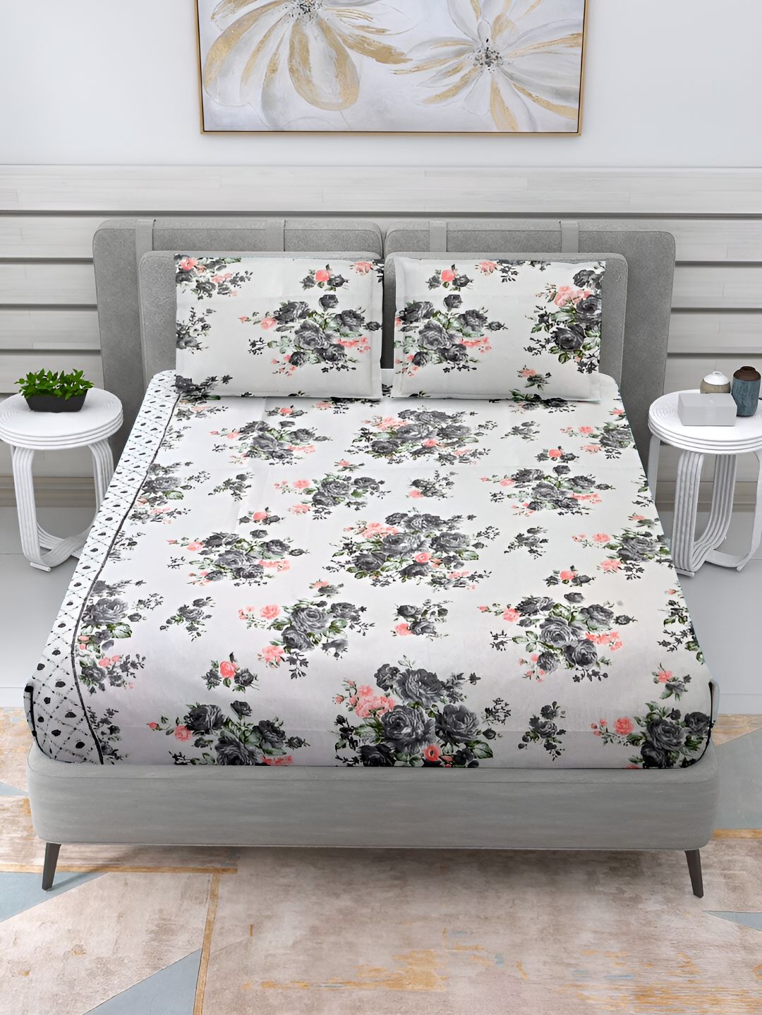 Cortina White & Grey Floral Cotton 144 TC Queen Bedsheet with 2 Pillow Covers-picture-12