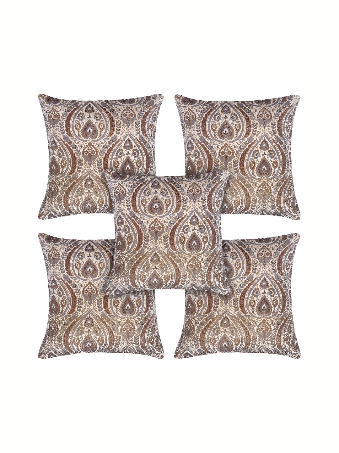 MONKDECOR Beige & Blue 5 Pieces Ethnic Motifs Velvet Square Cushion Covers-picture-41