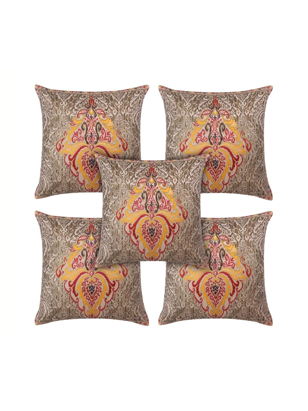 MONKDECOR Beige & Yellow 5 Pieces Ethnic Motifs Velvet Square Cushion Covers-picture-25