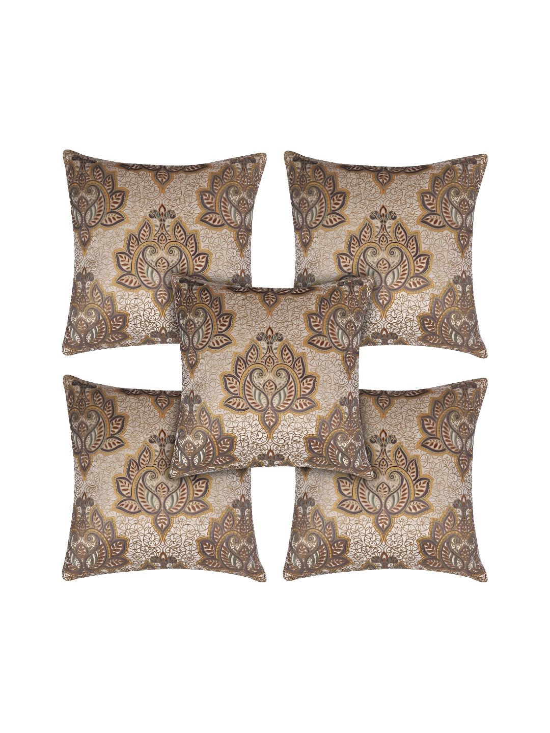 MONKDECOR Beige & Mustard 5 Pieces Ethnic Motifs Velvet Square Cushion Covers-picture-20