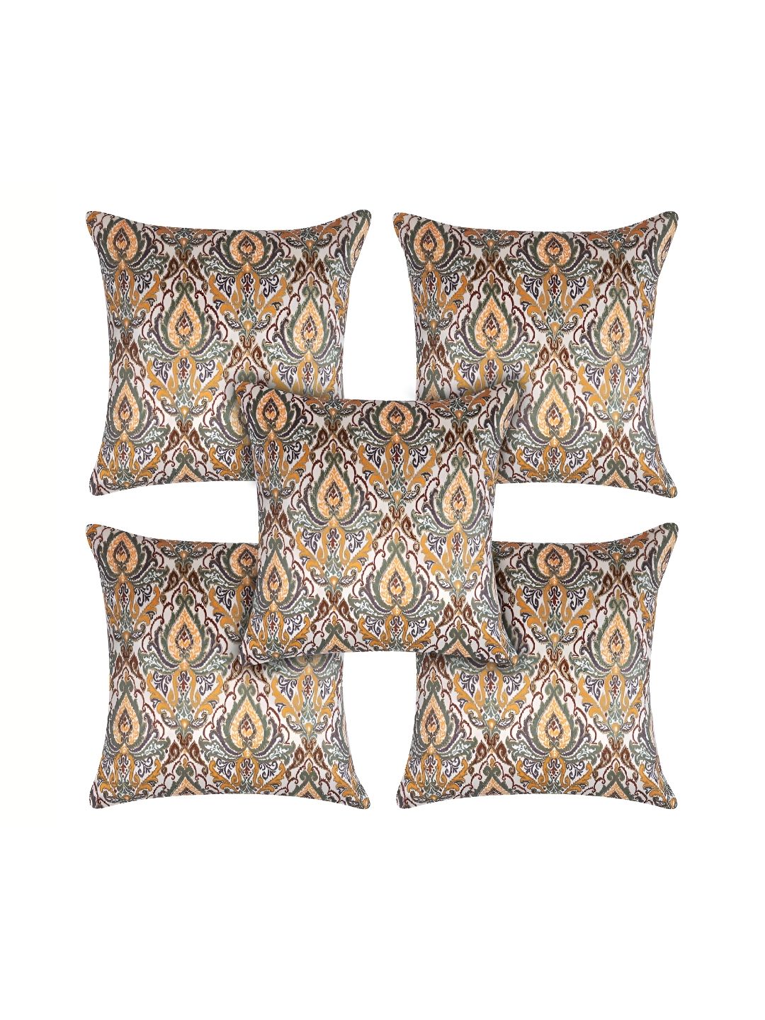 MONKDECOR White & Yellow 5 Pieces Ethnic Motifs Velvet Square Cushion Covers-picture-35