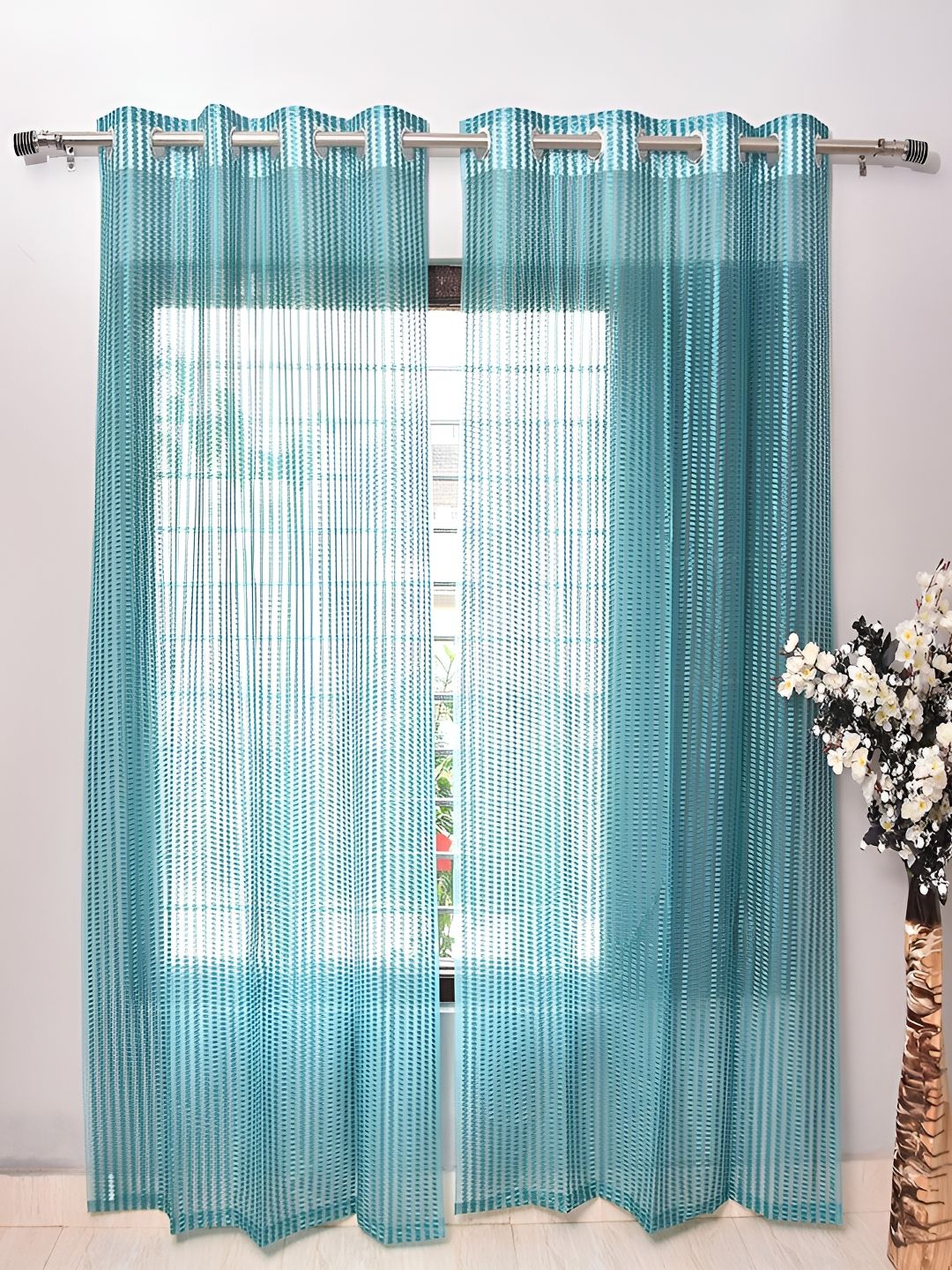 Panipat Textile Hub Blue Semi Transparent Net Window Curtain-image-49