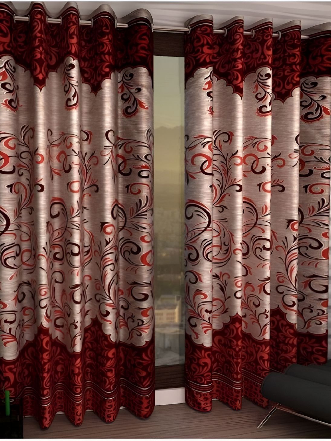 Panipat Textile Hub Maroon & Cream-Coloured 2 Pieces Floral Printed Door Curtains-picture-36