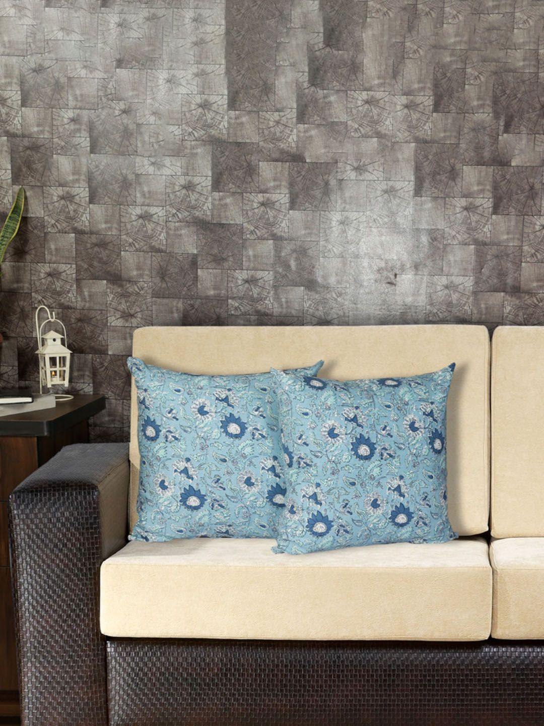 INDHOME LIFE Blue 2 Pieces Floral Cotton Square Cushion Covers-picture-10