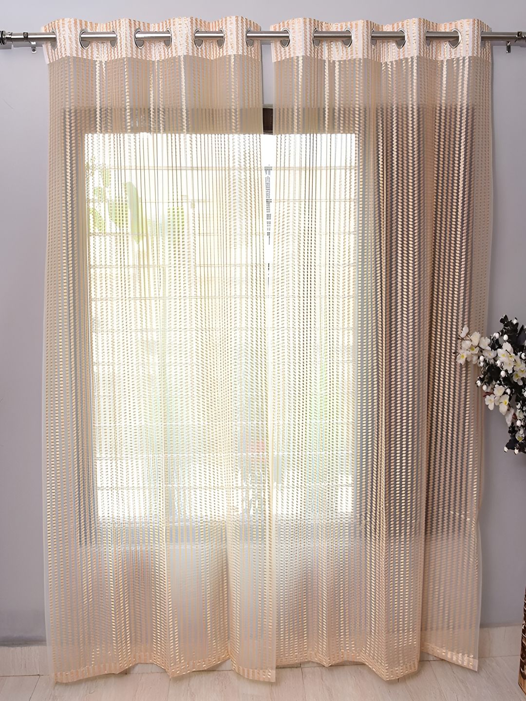 Panipat Textile Hub Beige Self Design Net Sheer Window Curtains-image-16