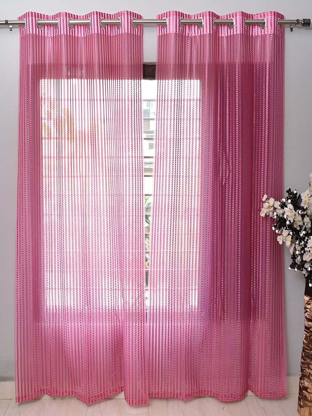 Panipat Textile Hub Pink Sheer Long Door Curtain-image-33