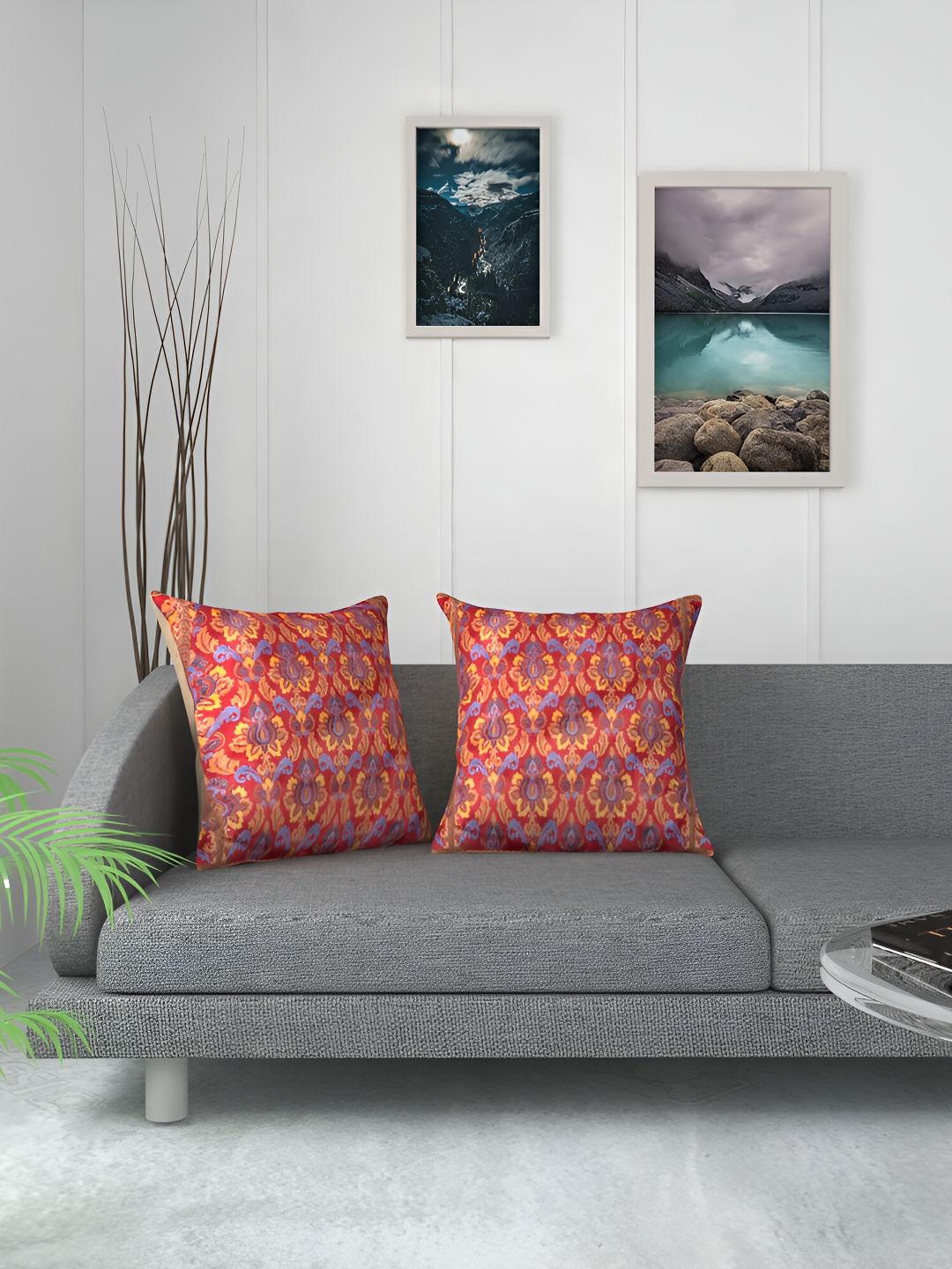 TANLOOMS Red & Yellow 2 Pieces Floral Velvet Square Cushion Covers-picture-15