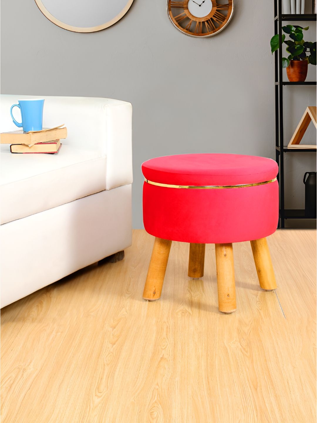 Shadowkart Coral Pink Velvet & Wooden Pouffe Sitting Ottomans-image-48