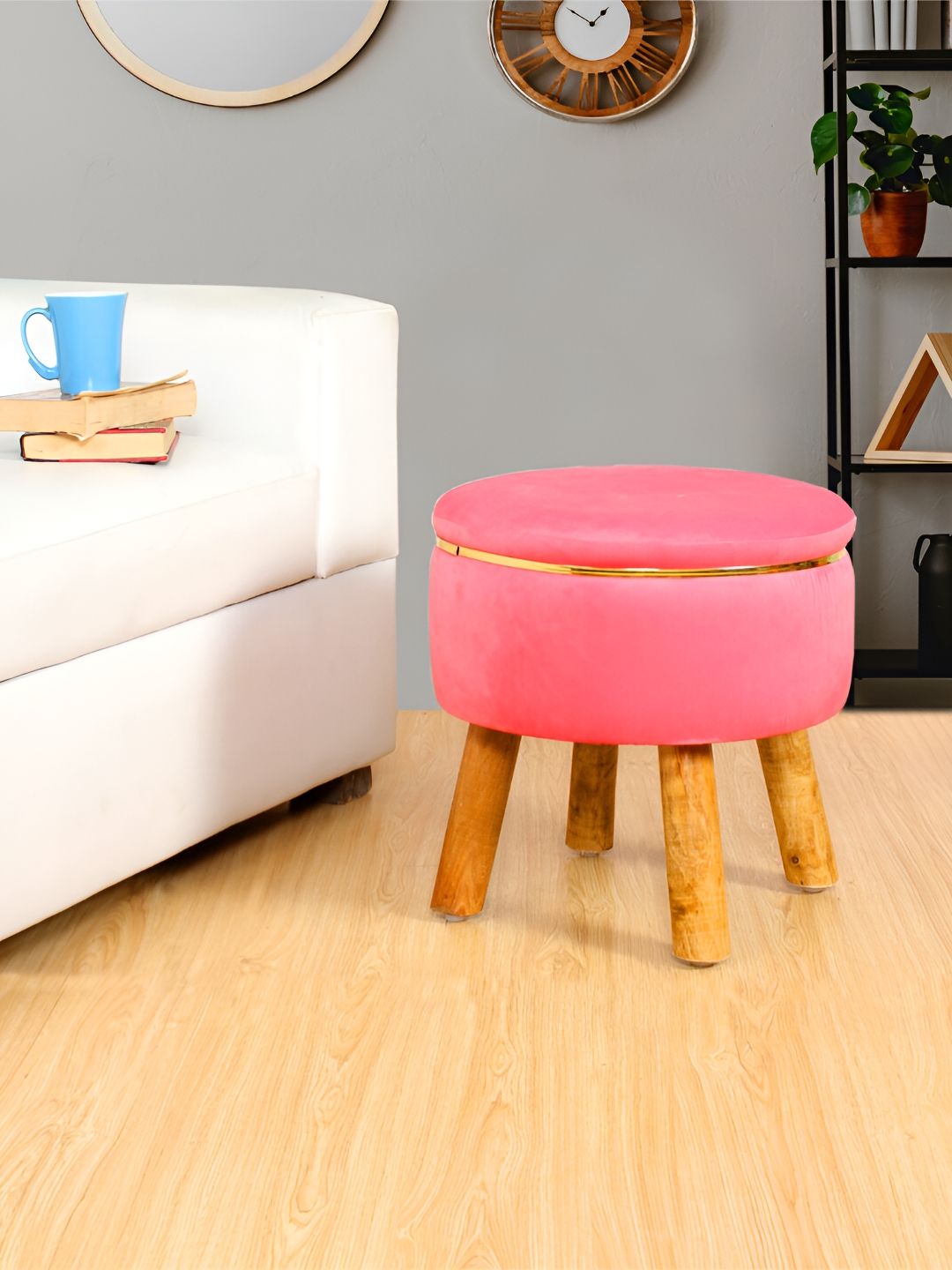 Shadowkart Pink Wooden & Velvet Round Ottomans-picture-27