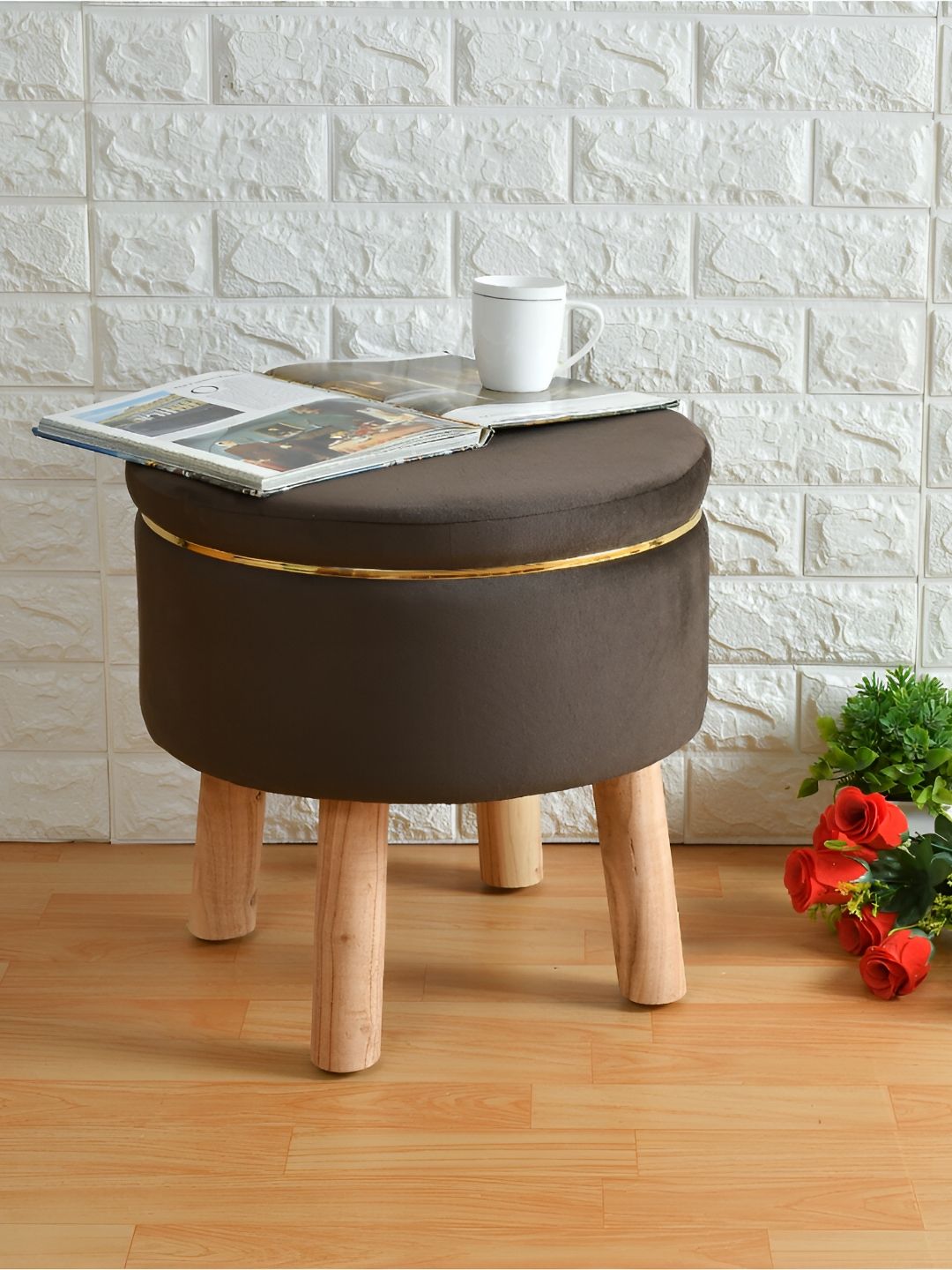 Shadowkart Coffee Brown Wooden Round Pouffes Ottoman-picture-36