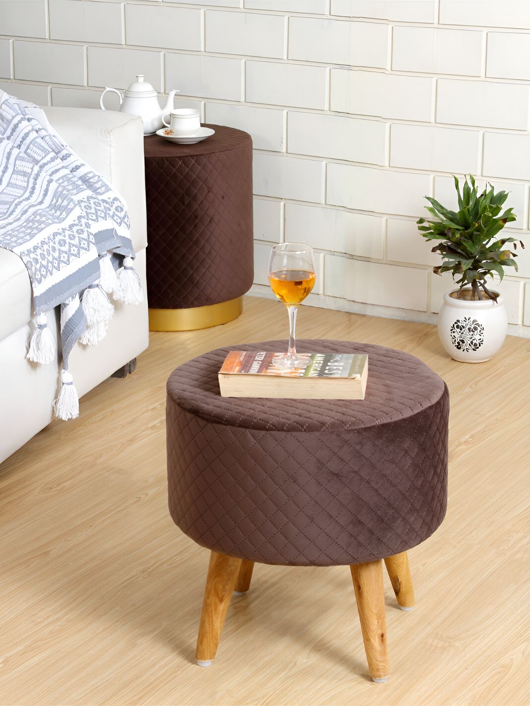 Shadowkart Brown Checked Wooden Round Pouffes Ottoman-picture-14