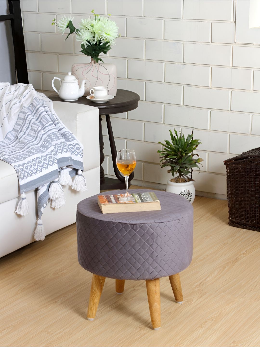 Shadowkart Grey & Brown Geometric Round Wooden Tufted Ottomans-picture-31