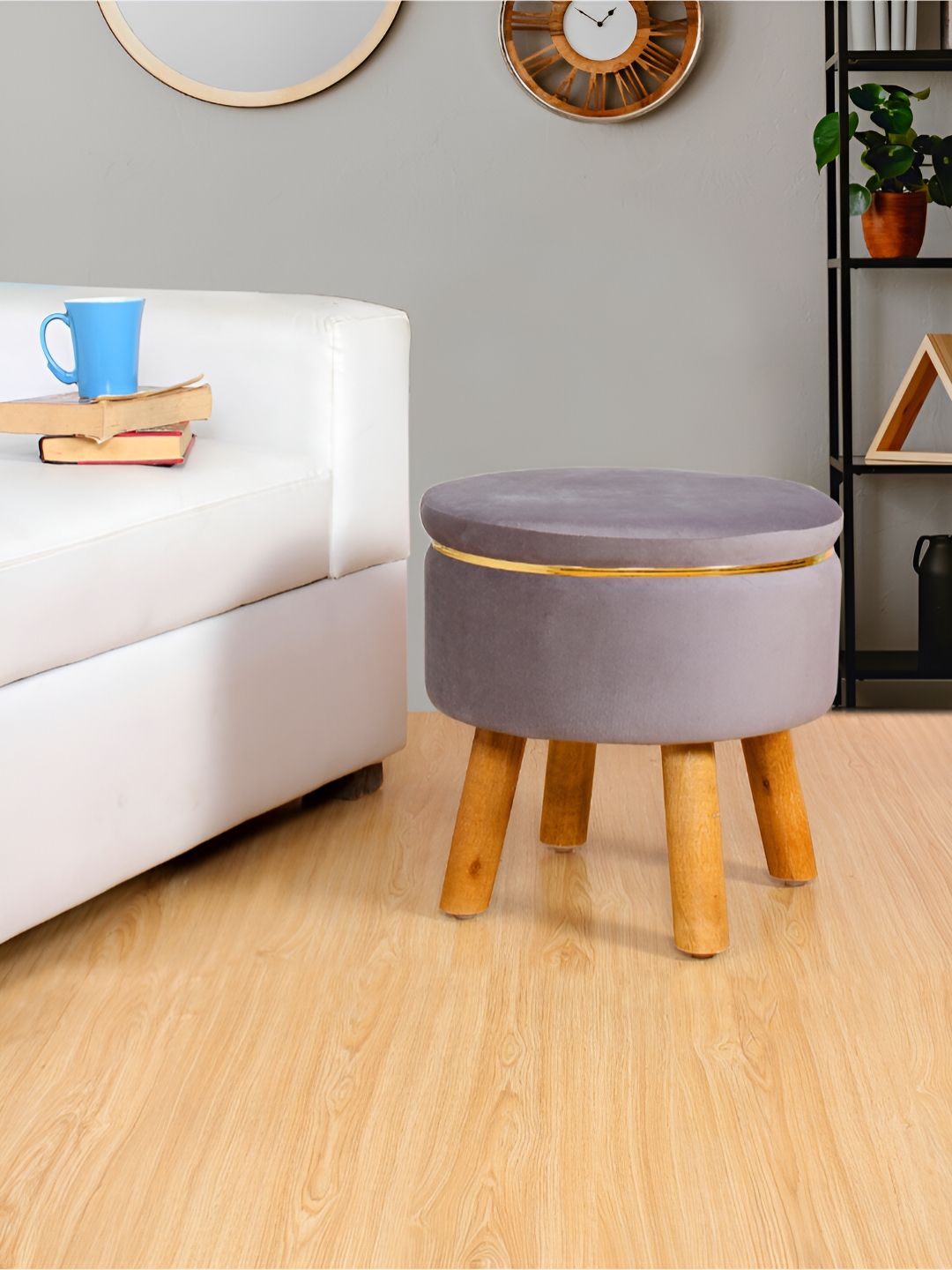 Shadowkart Grey & Gold Toned Wooden Pouffe Ottoman-image-24