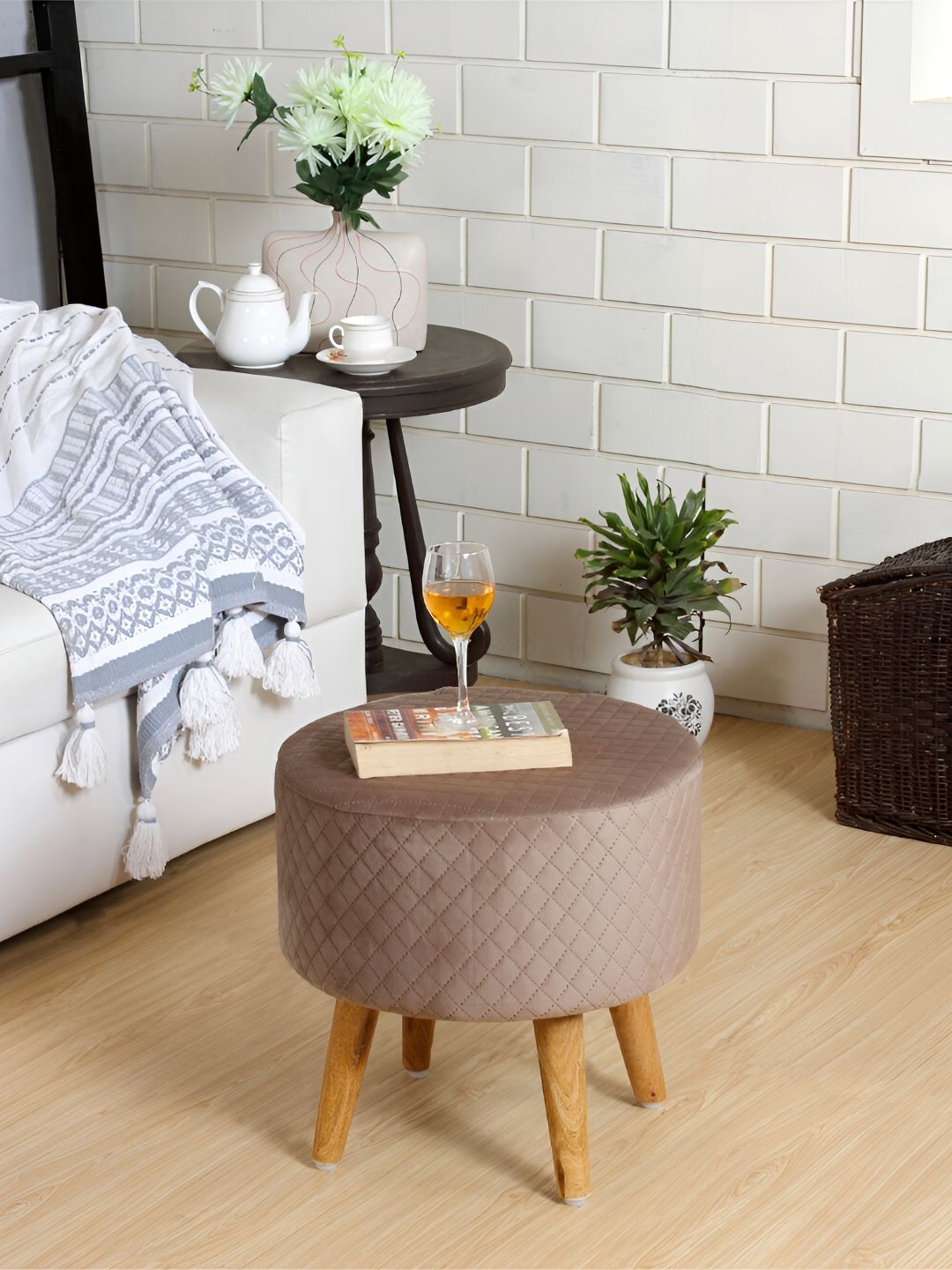 Shadowkart Brown Checked Velvet Pouffe Sitting Ottomans-image-16