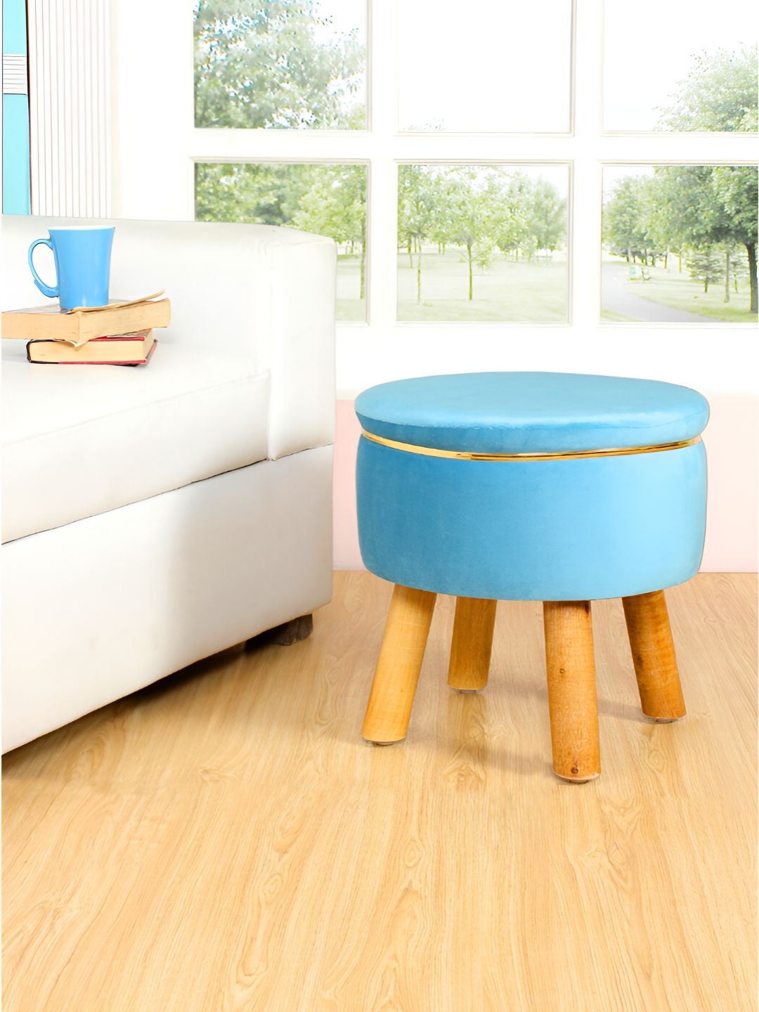 Shadowkart Blue Wooden Round Pouffes Ottoman-picture-33