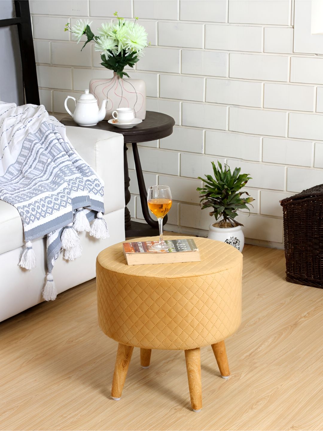 Shadowkart Beige Checked Textured Wooden Round Pouffes Ottoman-picture-11