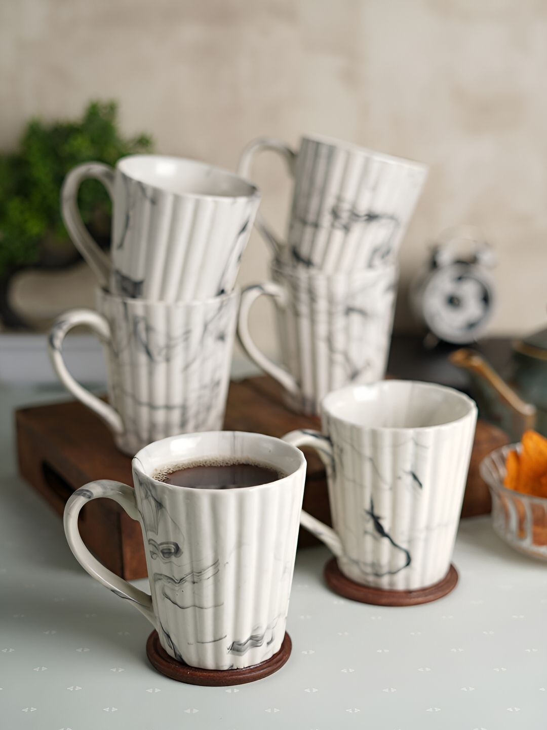CDI White & Grey 6 Pieces Printed Ceramic Glossy Mugs 350 ml