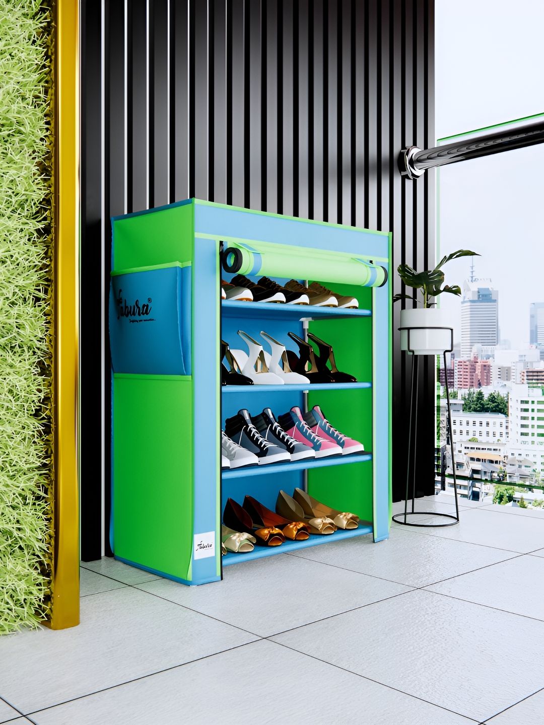 Pamworld Blue & Green Colourblocked 4-Tier Shoe Rack