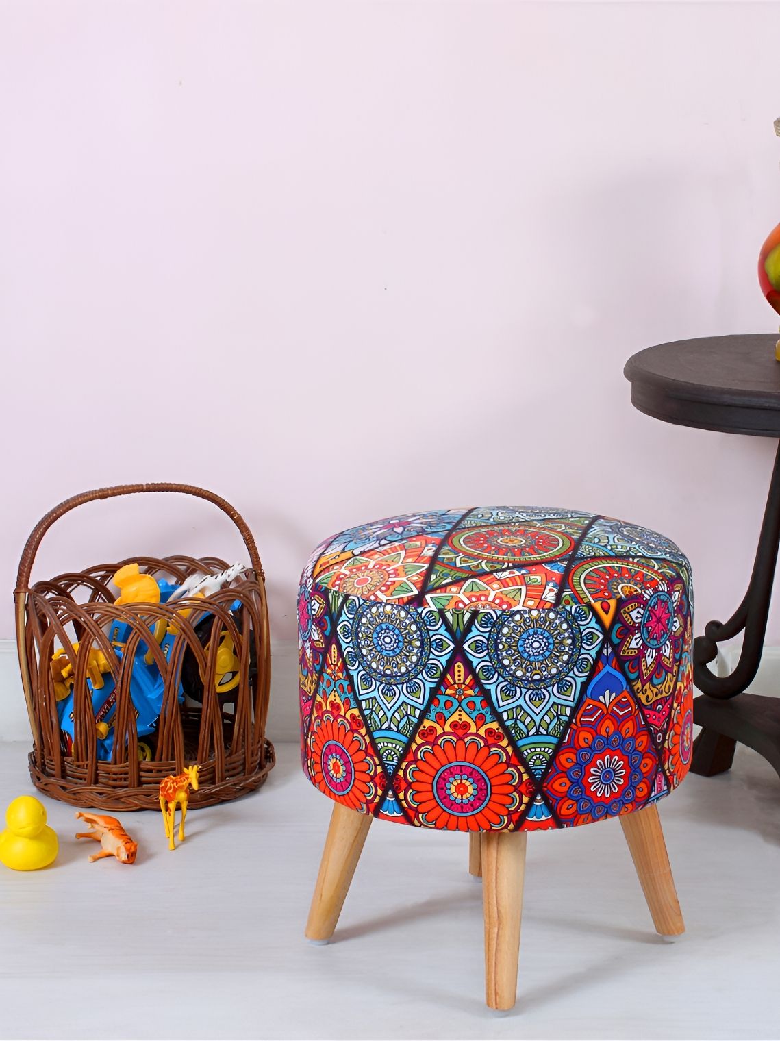 Shadowkart Blue & Pink Ethnic Motifs Printed Wooden Pouffe Ottoman-image-28