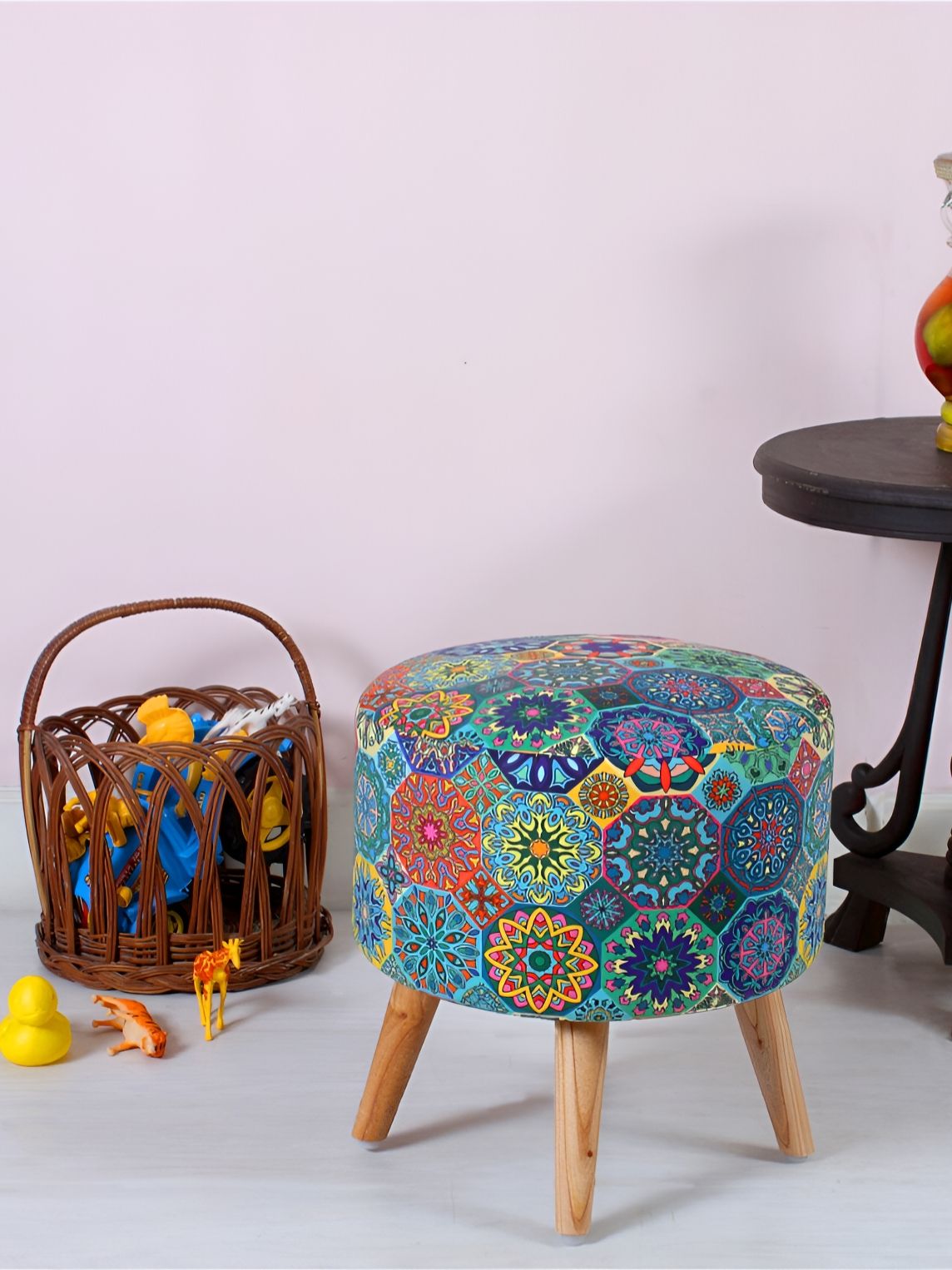 Shadowkart Yellow & Blue Ethnic Motifs Printed Round Velvet Tufted Ottomans-picture-14