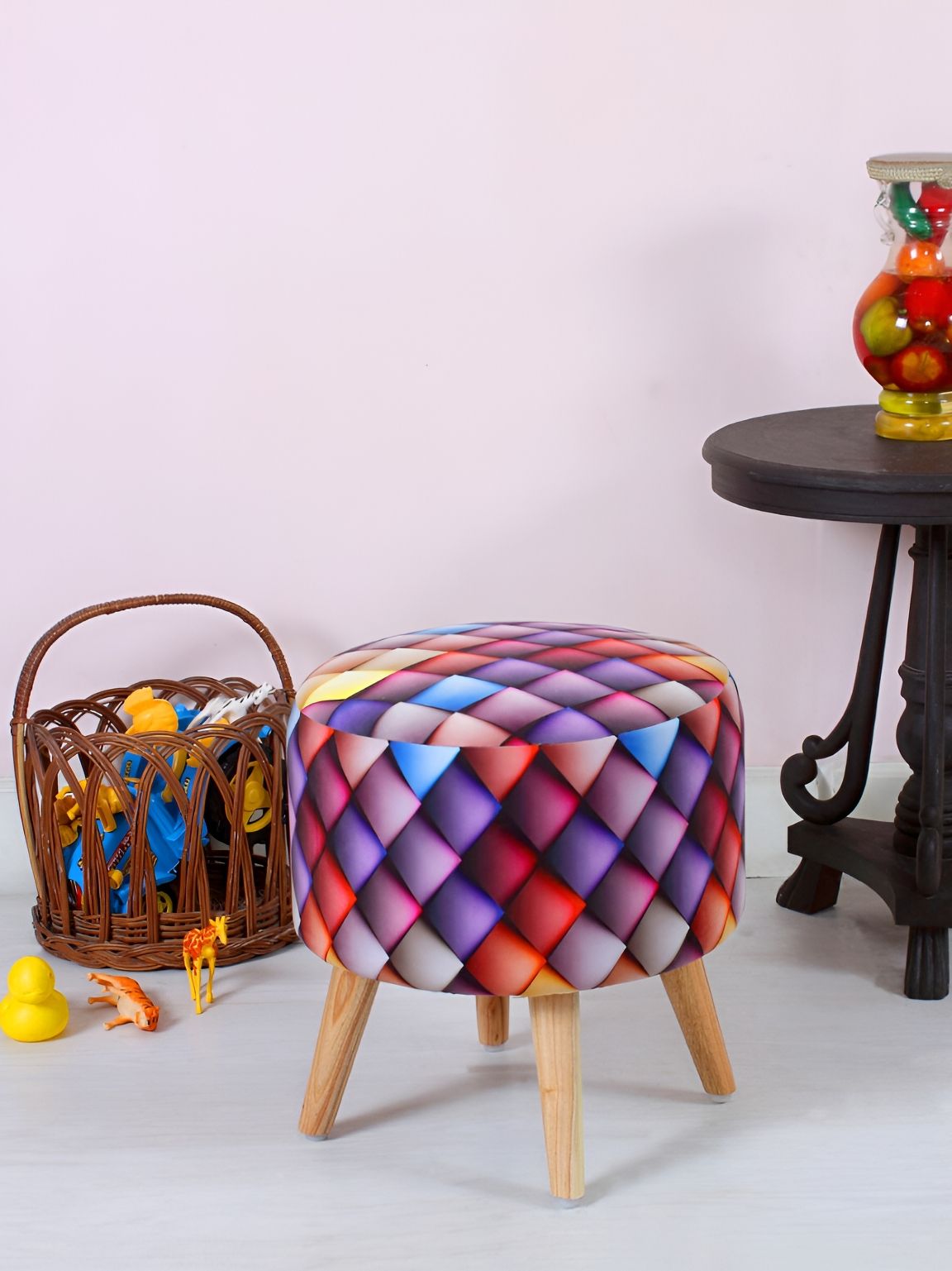 Shadowkart Red &Yellow  Geometric Printed Round Velvet Tufted Ottomans-picture-21