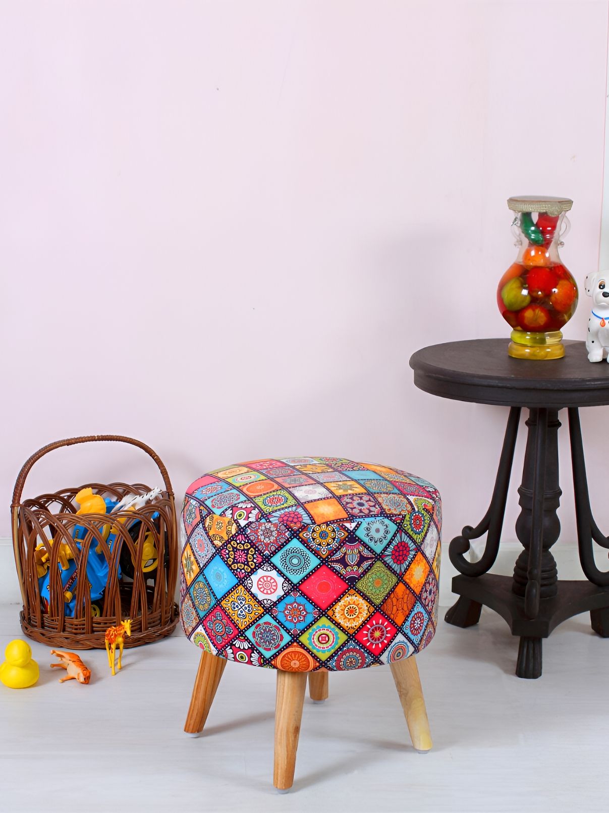 Shadowkart Orange & Yellow Ethnic Motifs Printed Velvet Pouffe Sitting Ottoman-picture-49