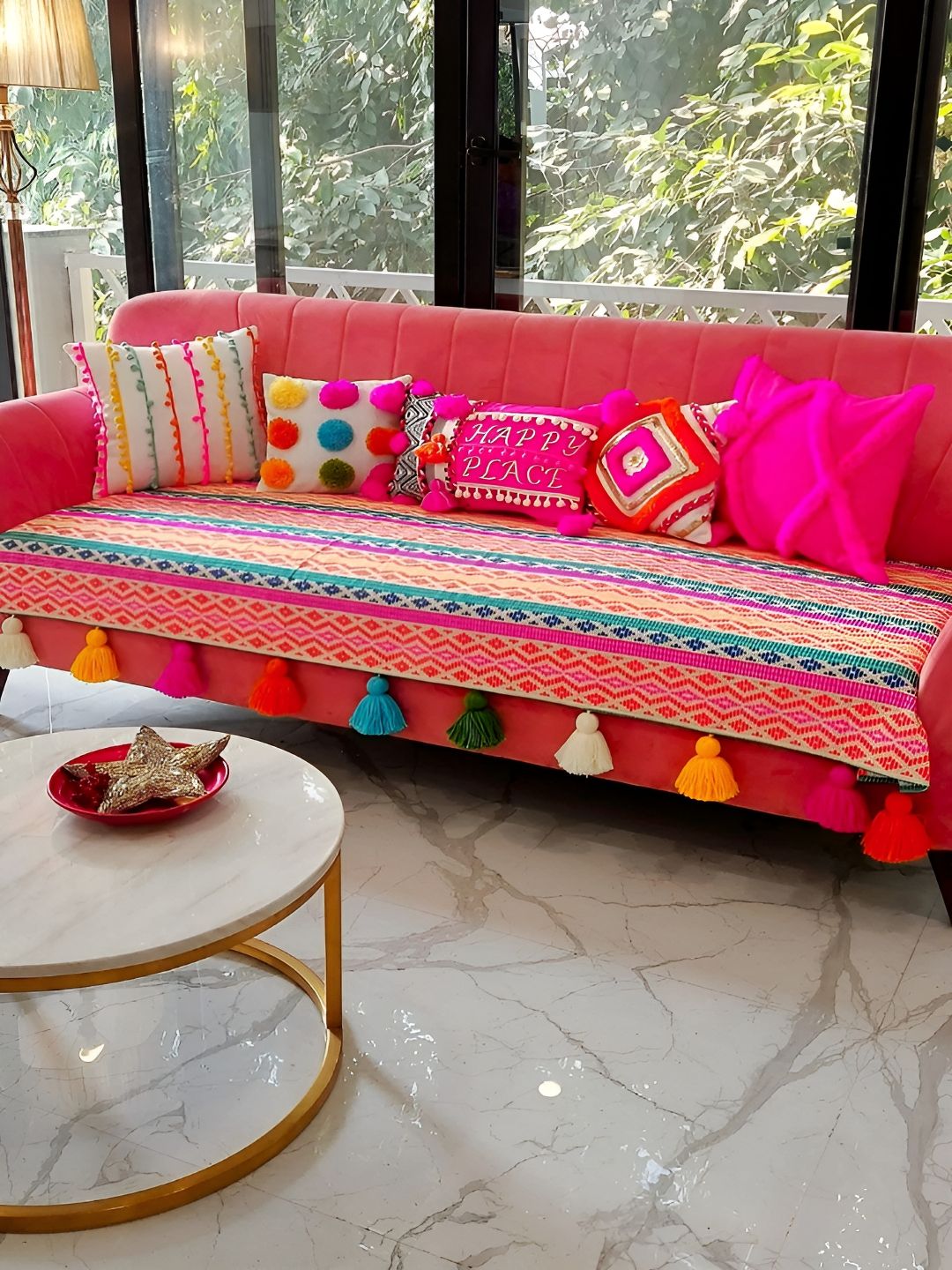 THROWPILLOW Pink & Yellow Printed 3 Seater Sofa Cover-image-36