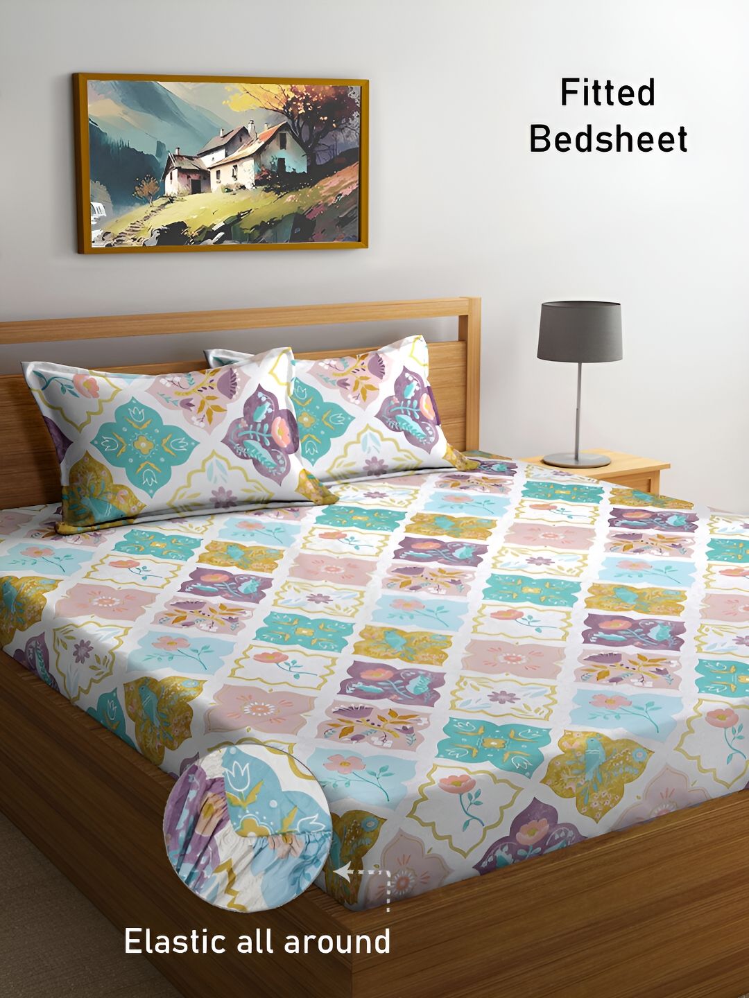 FABINALIV White & Blue Geometric 300 TC Fitted King Bedsheet with 2 Pillow Covers-picture-10