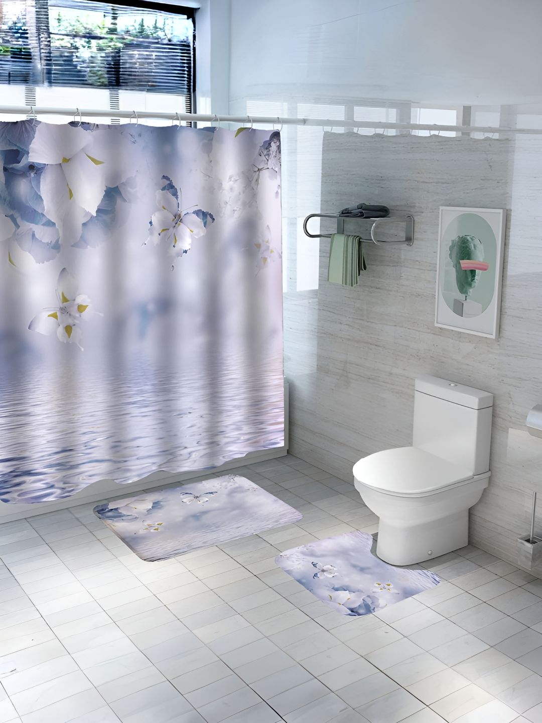 UMAI Lavender & White 3 Pieces Printed Shower Curtain & Bathmats