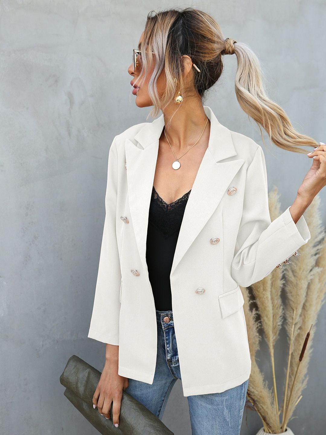 StyleCast White Notched Lapel Collar Single-Breasted Cotton Casual Blazer-image-46