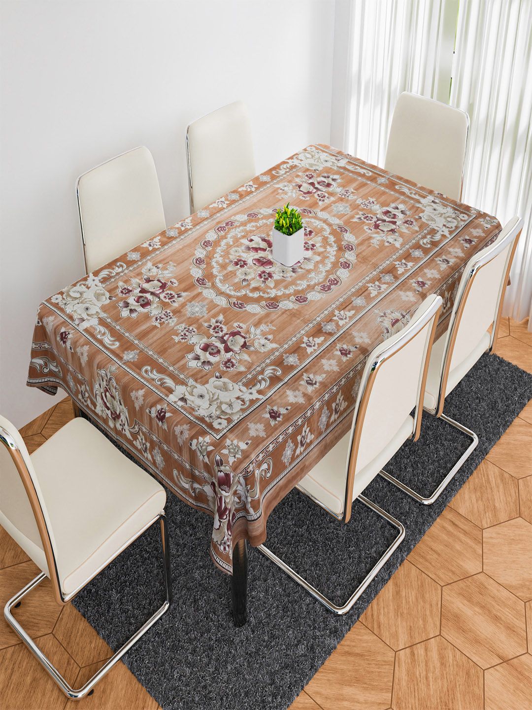 Kuber Industries Gold-Toned Waterproof 6-Seater Table Cover with Embroidered details-image-3