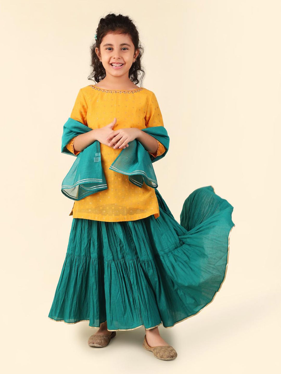 Fabindia Girls Woven Design Boat Neck Cotton Ready to Wear Lehenga & Blouse With Dupatta-image-34