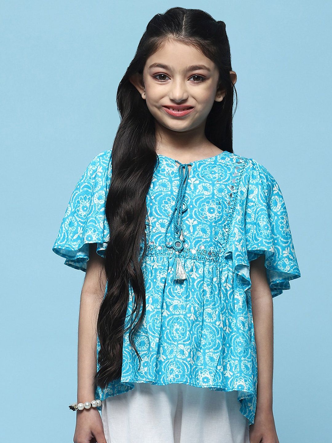 Biba Printed Round Neck Flared Sleeve Top