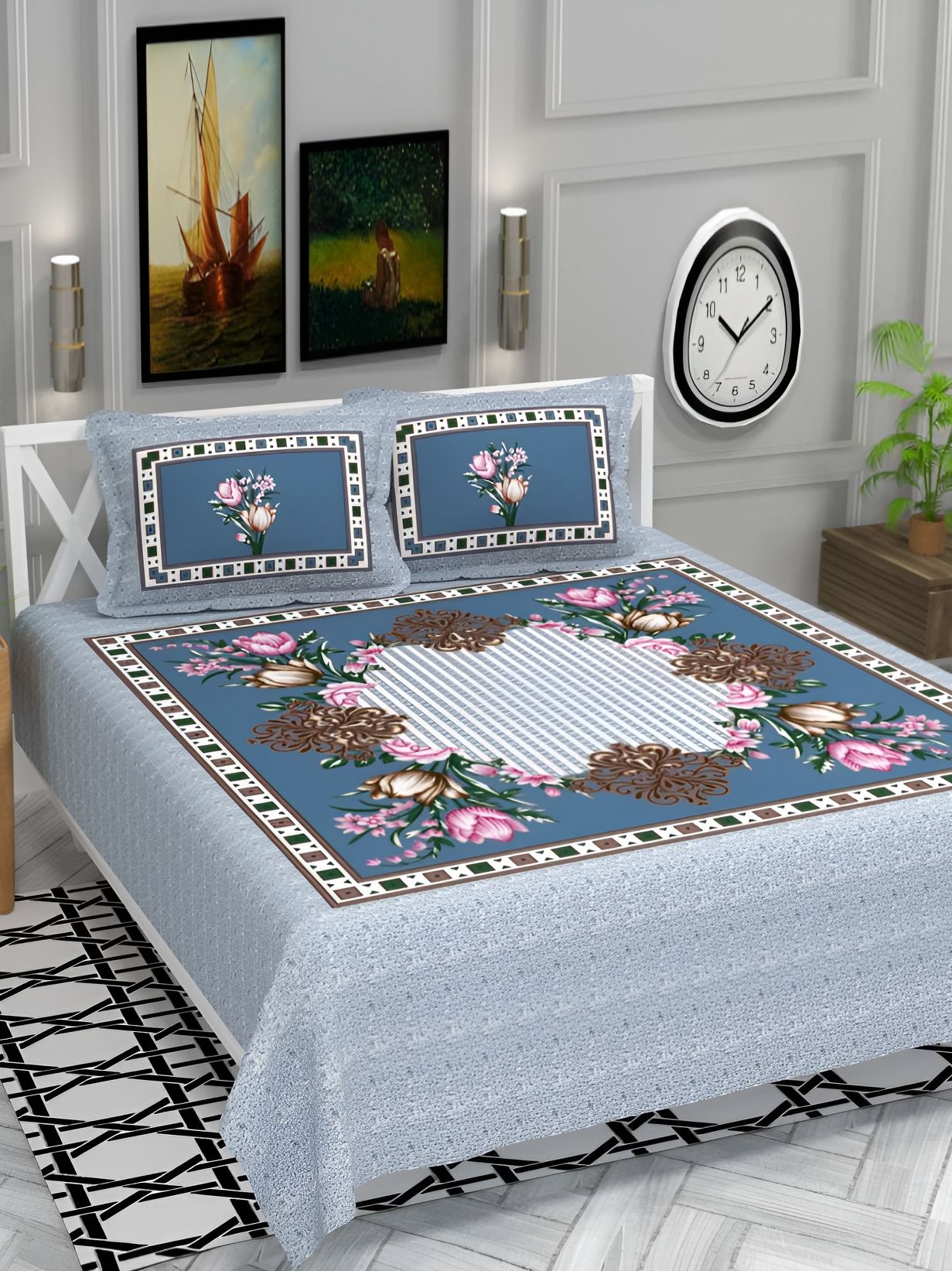 bsb home Blue & Green 220 TC Cotton Queen Bedsheet With 2 Pillow Covers-picture-26