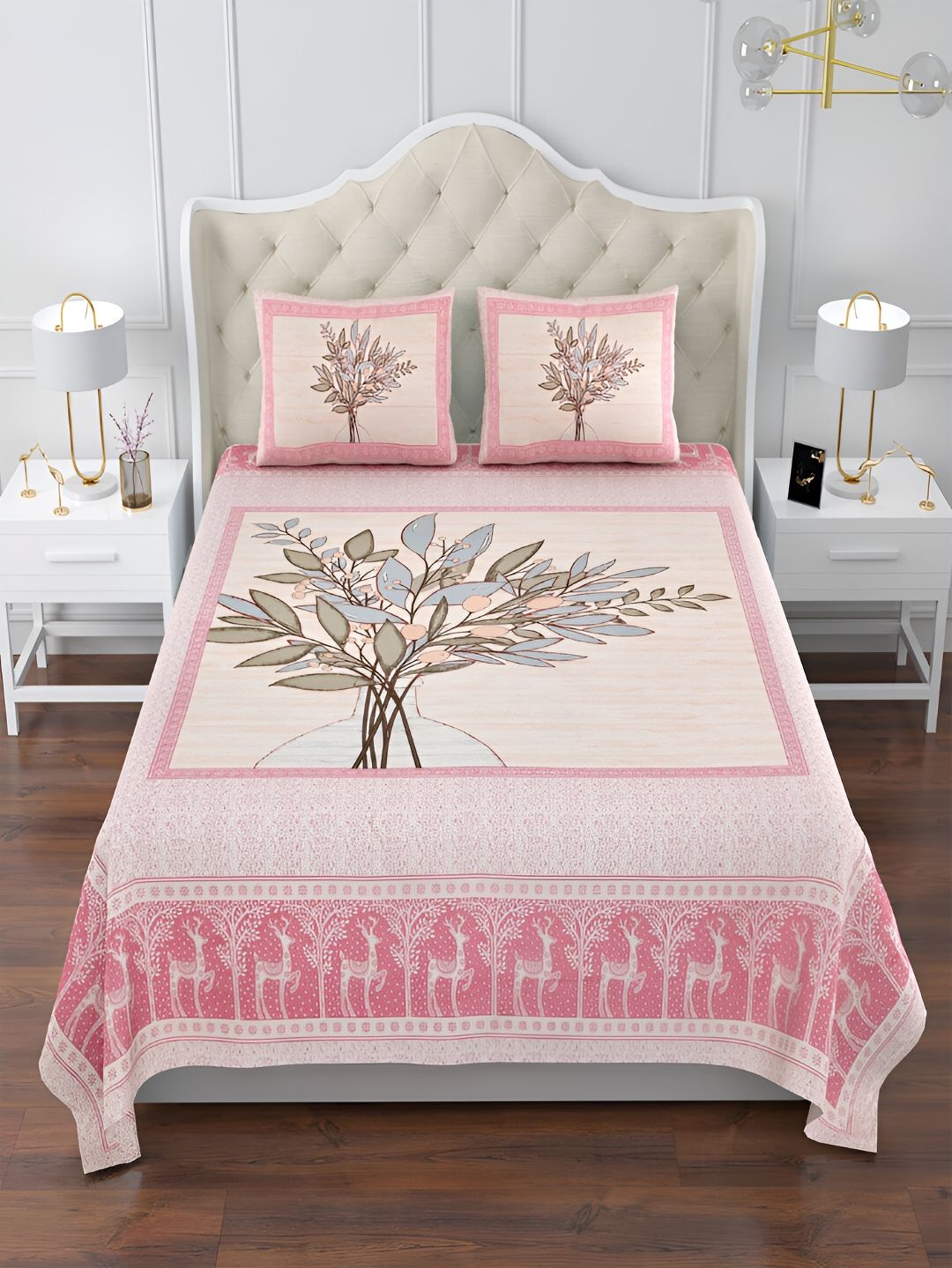 Kuber Industries Pink & Grey Floral Cotton 160 TC King Bedsheet With 2 Pillow Covers-picture-36